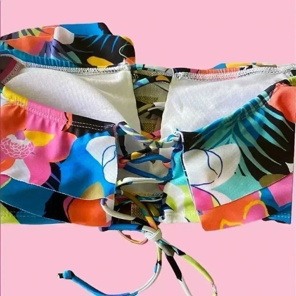 Off the shoulder tropical pattern ruffle  bikini